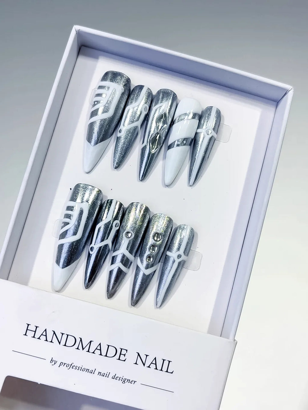 Silver White Metallic Geometric Stud press on nails