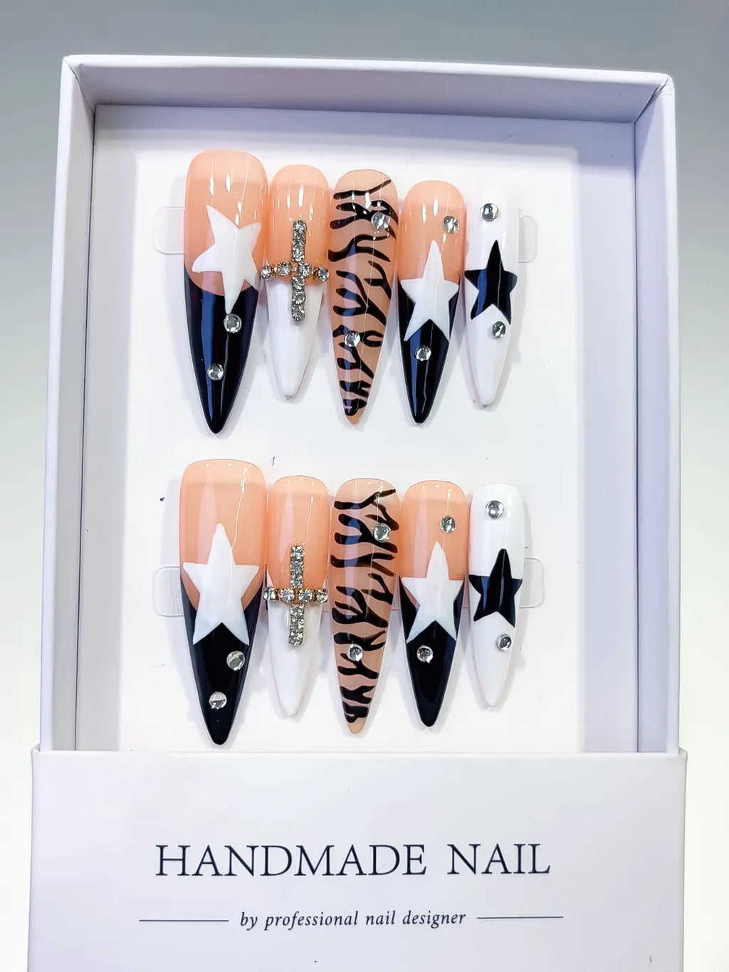 Nude White Black Abstract Star Animal Print Bow Rhinestone press on nails full set view