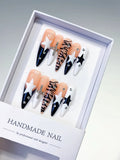 Nude White Black Abstract Star Animal Print Bow Rhinestone press on nails