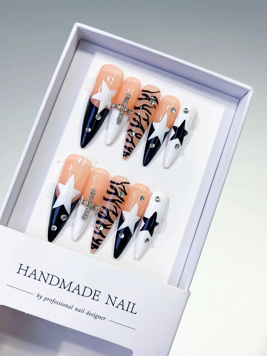 Nude White Black Abstract Star Animal Print Bow Rhinestone press on nails