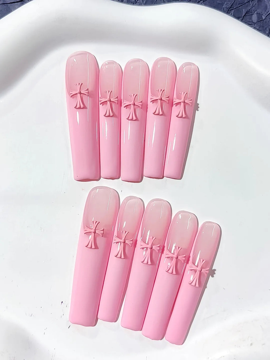 Pink Solid color Cross 3D press on nails detail view