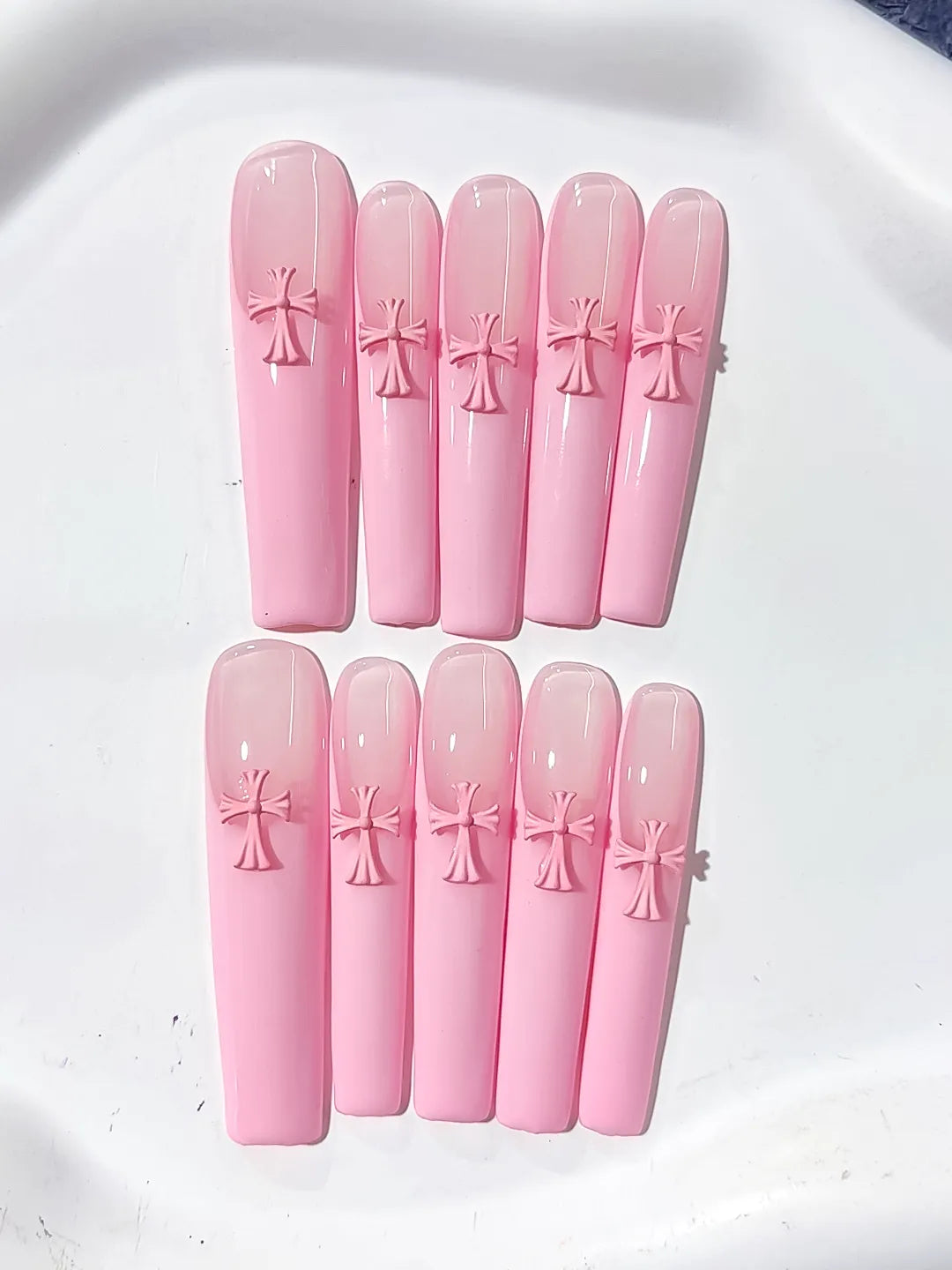Pink Solid color Cross 3D press on nails close up