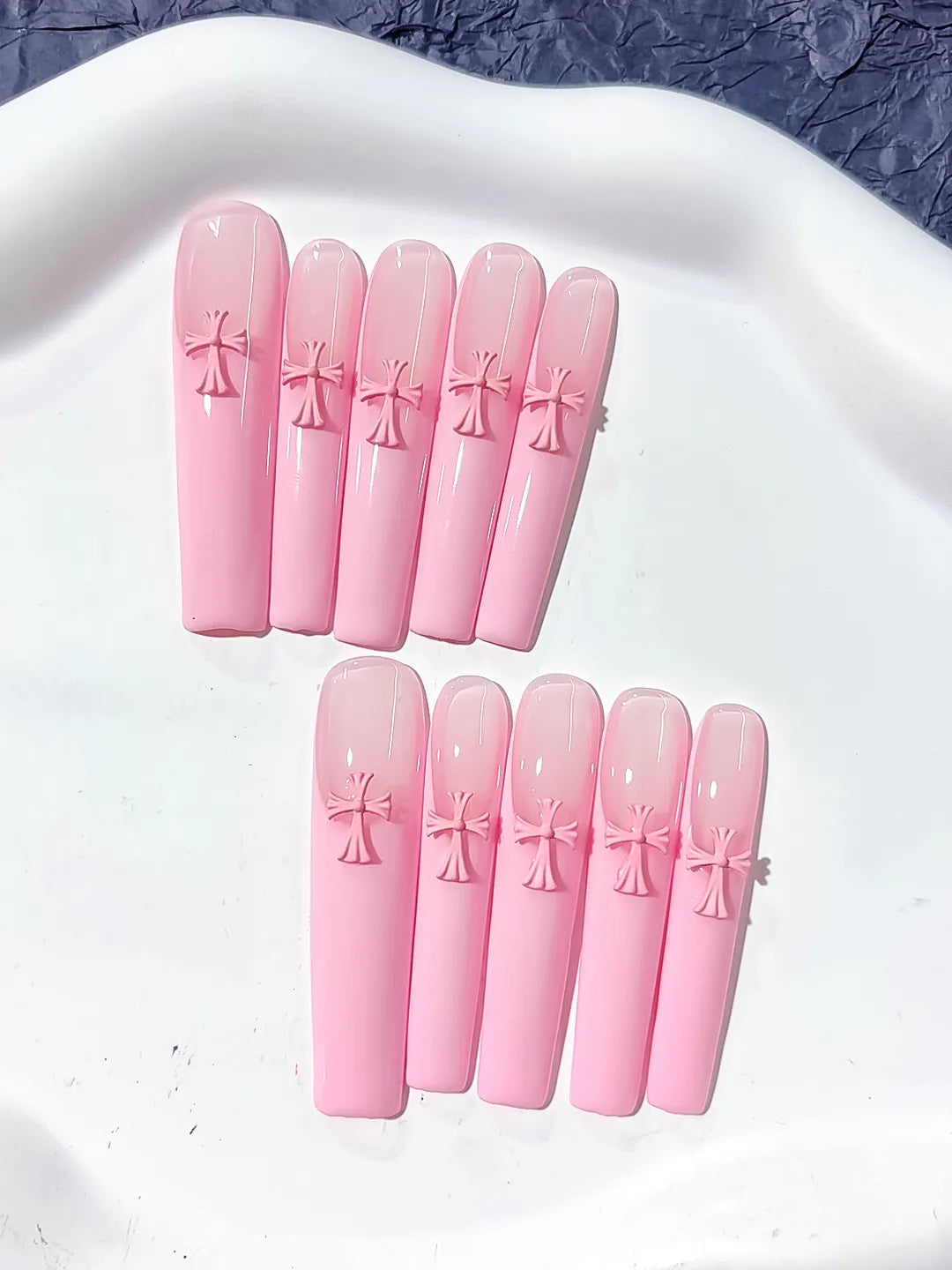 Pink Solid color Cross 3D press on nails detail view