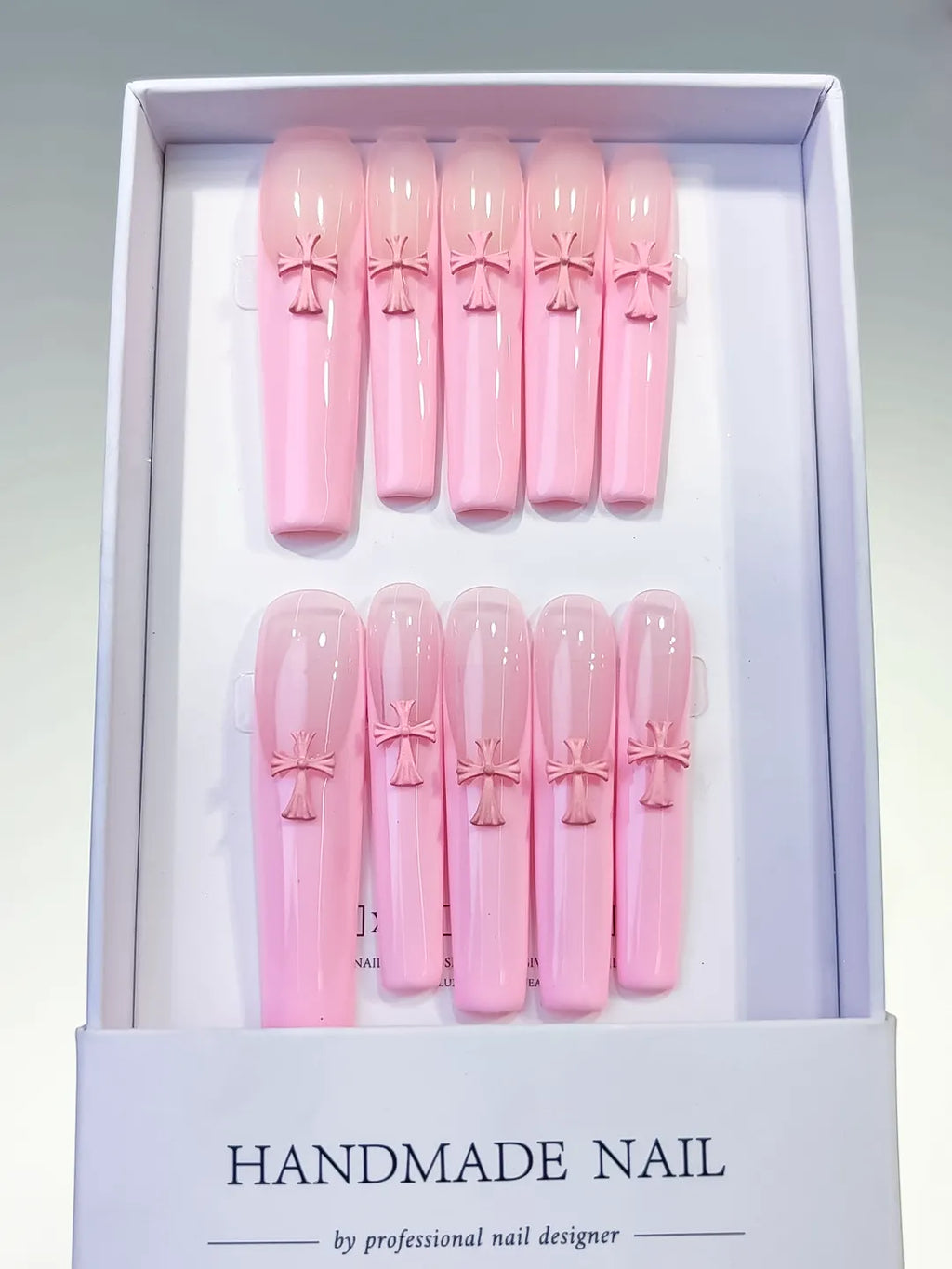 Pink Solid color Cross 3D press on nails full set view