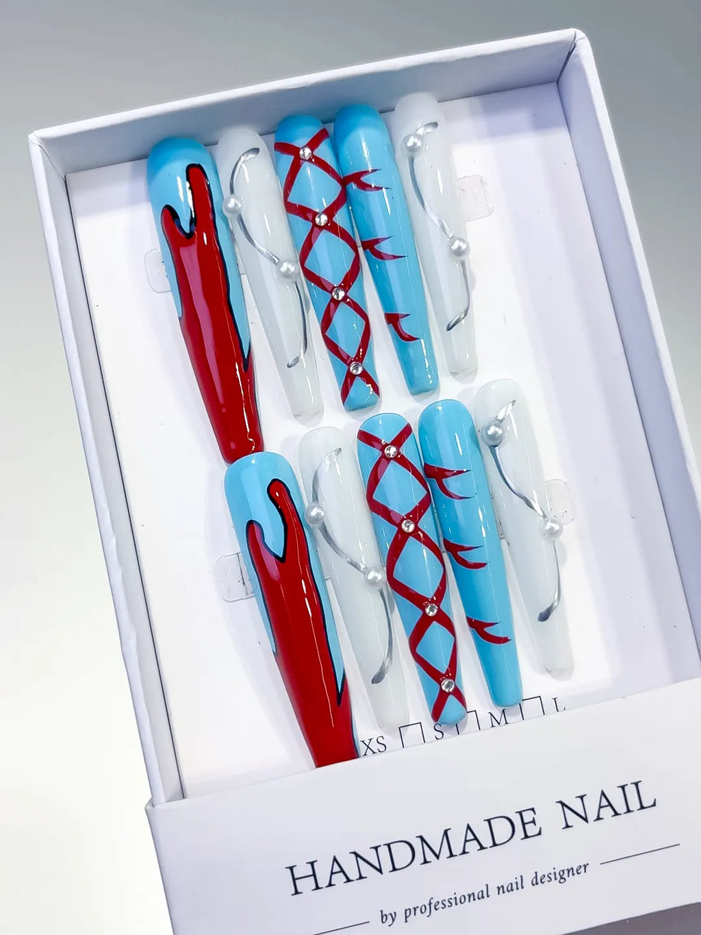 Blue White Red Silver Abstract Lattice Pearl press on nails angled view
