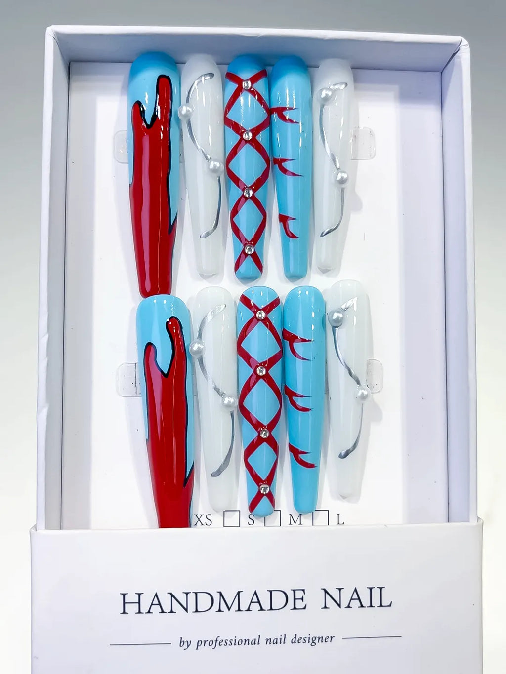 Blue White Red Silver Abstract Lattice Pearl press on nails full set view
