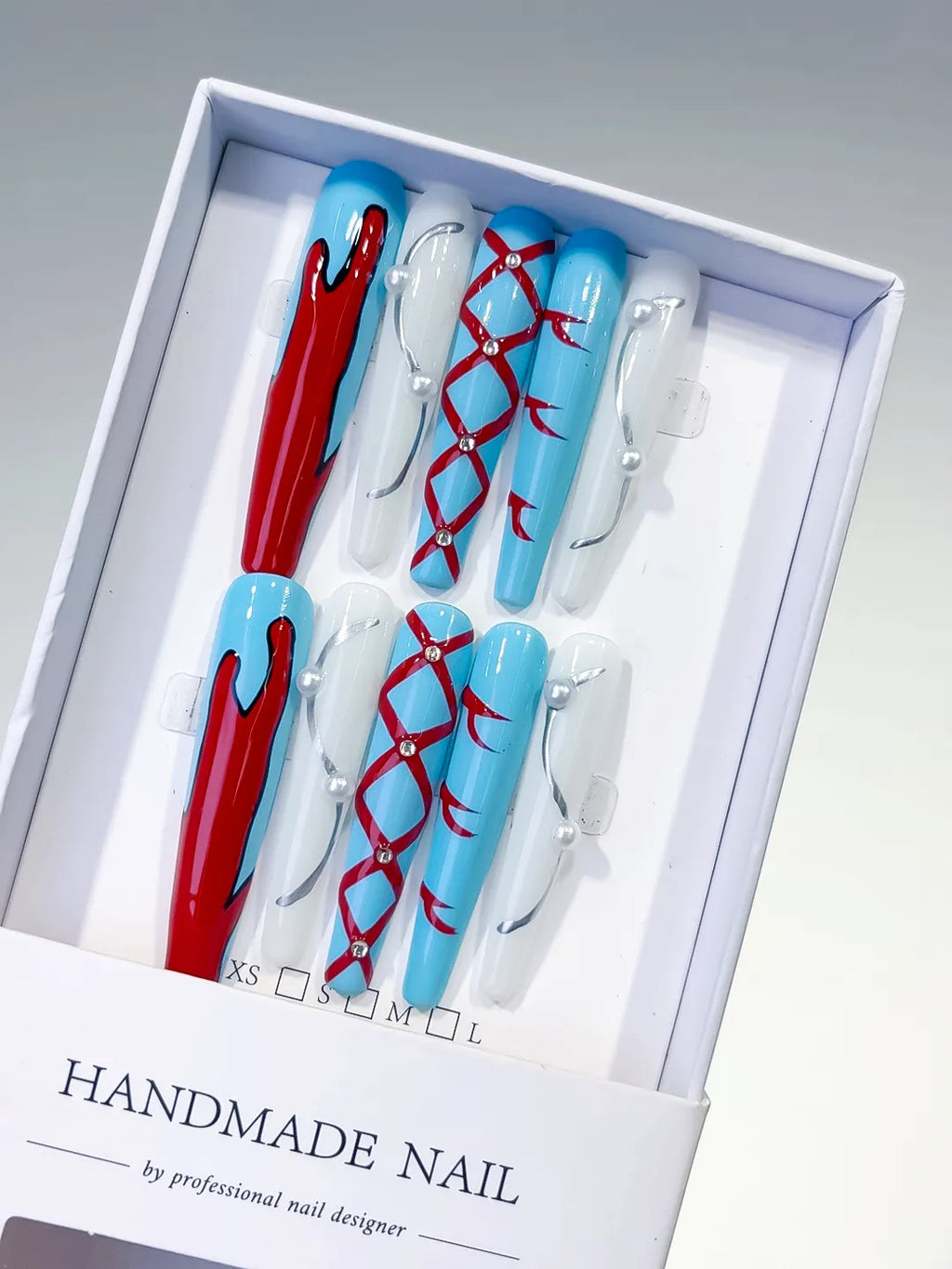 Blue White Red Silver Abstract Lattice Pearl press on nails