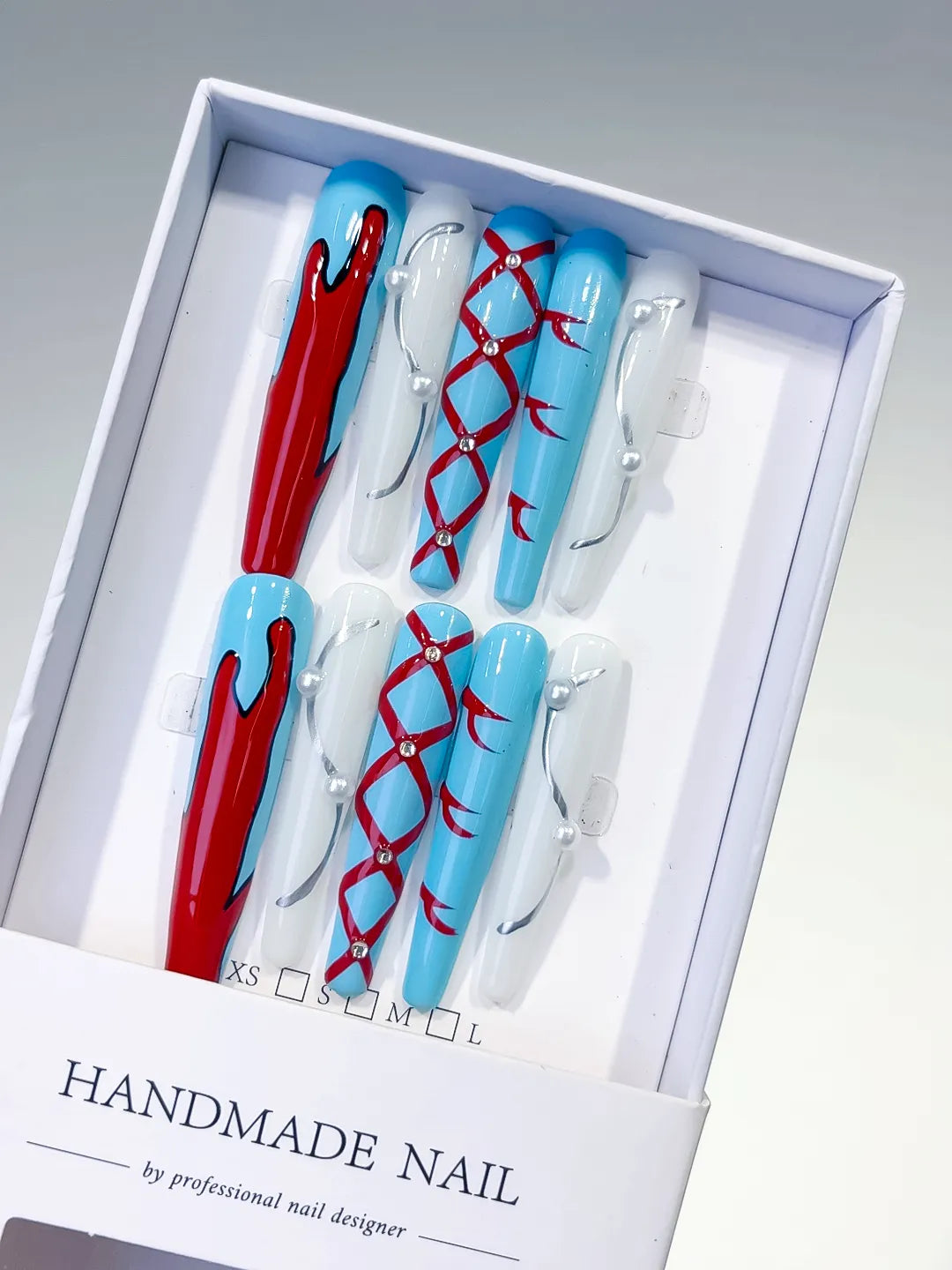 Blue White Red Silver Abstract Lattice Pearl press on nails