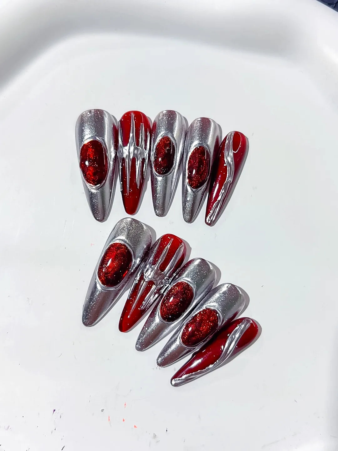 Silver Red Metallic press on nails detail view