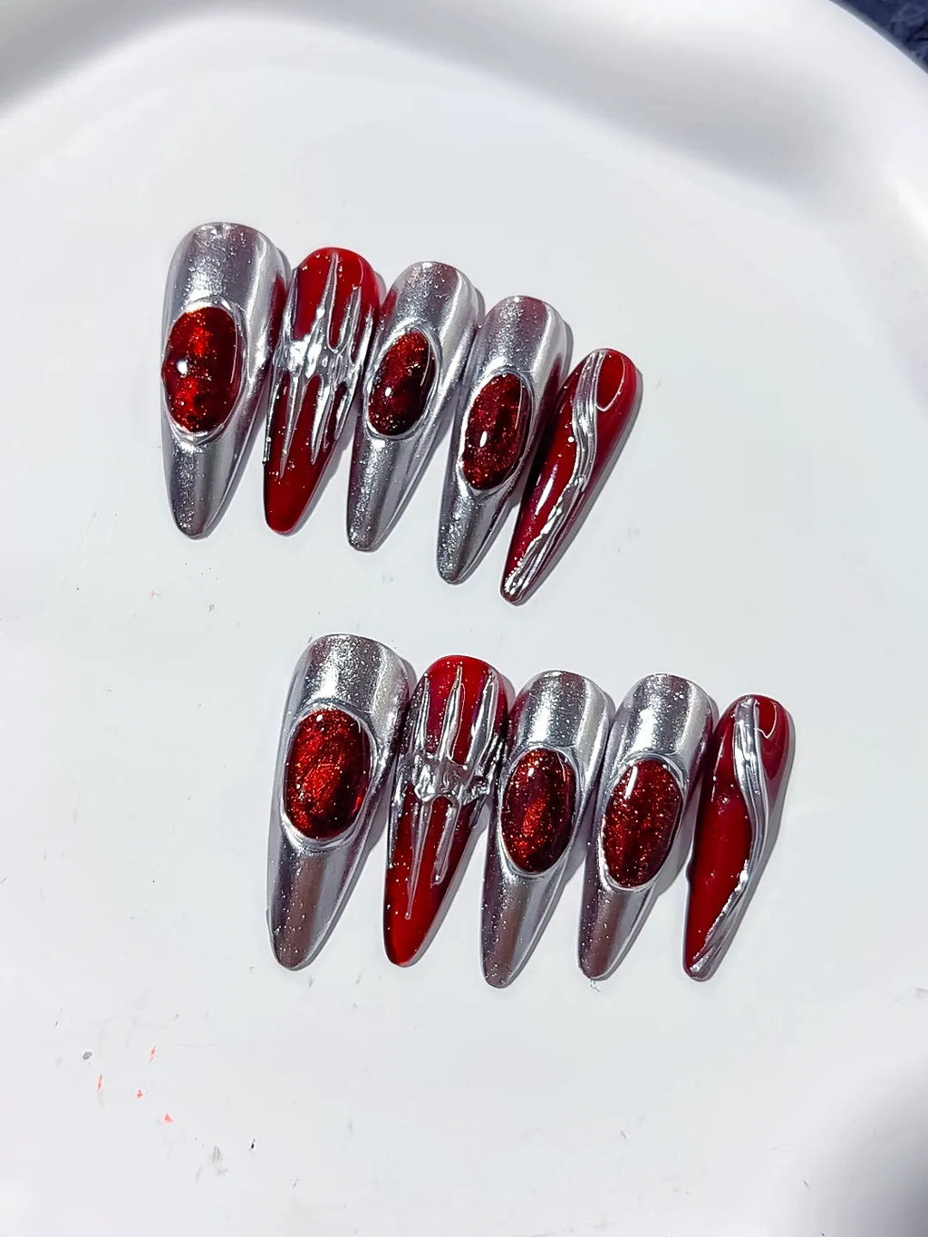 Silver Red Metallic press on nails close up