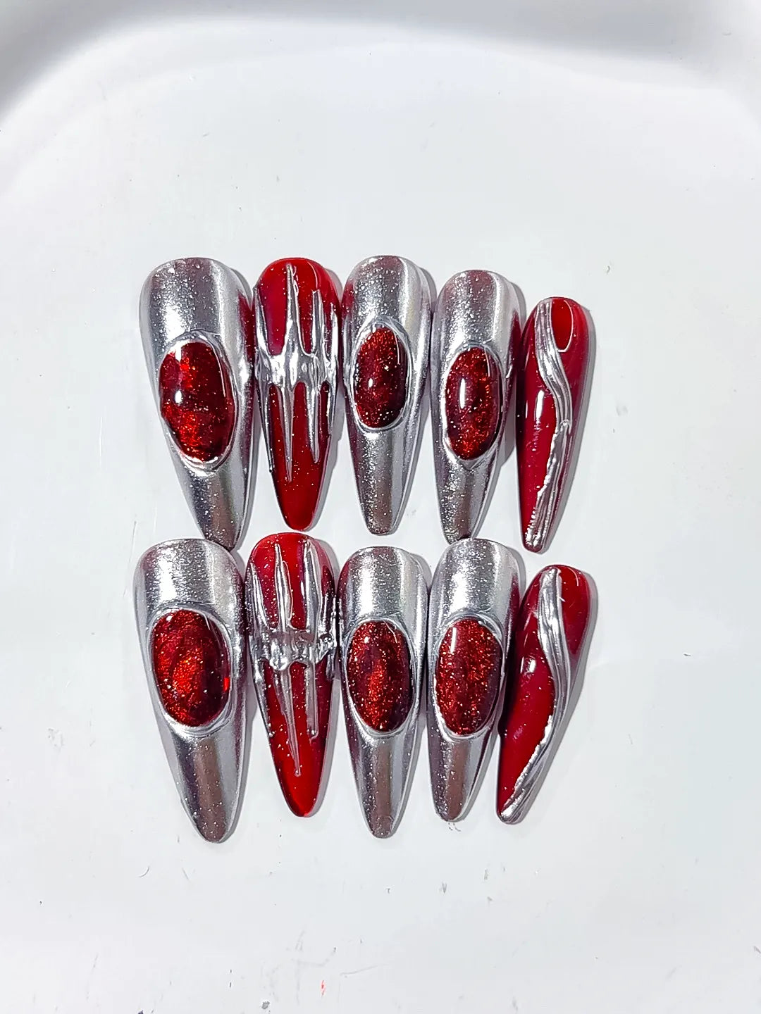 Silver Red Metallic press on nails detail view