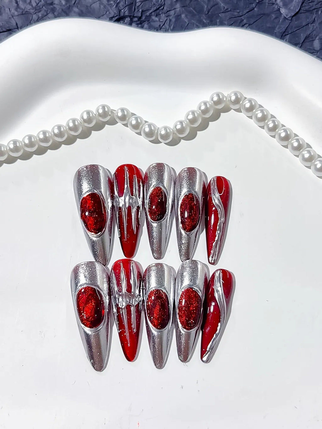 Silver Red Metallic press on nails detail view