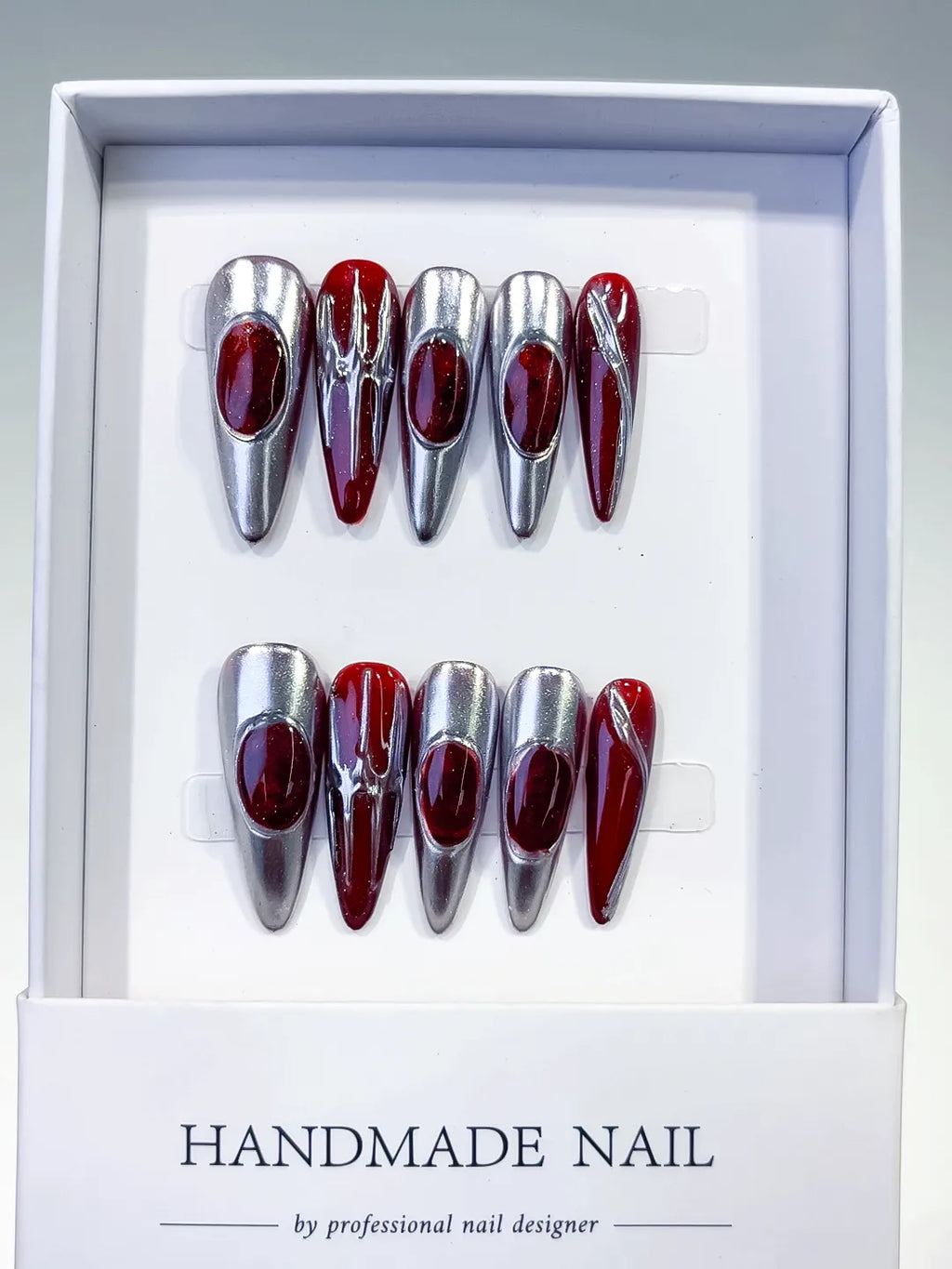 Silver Red Metallic press on nails full set view