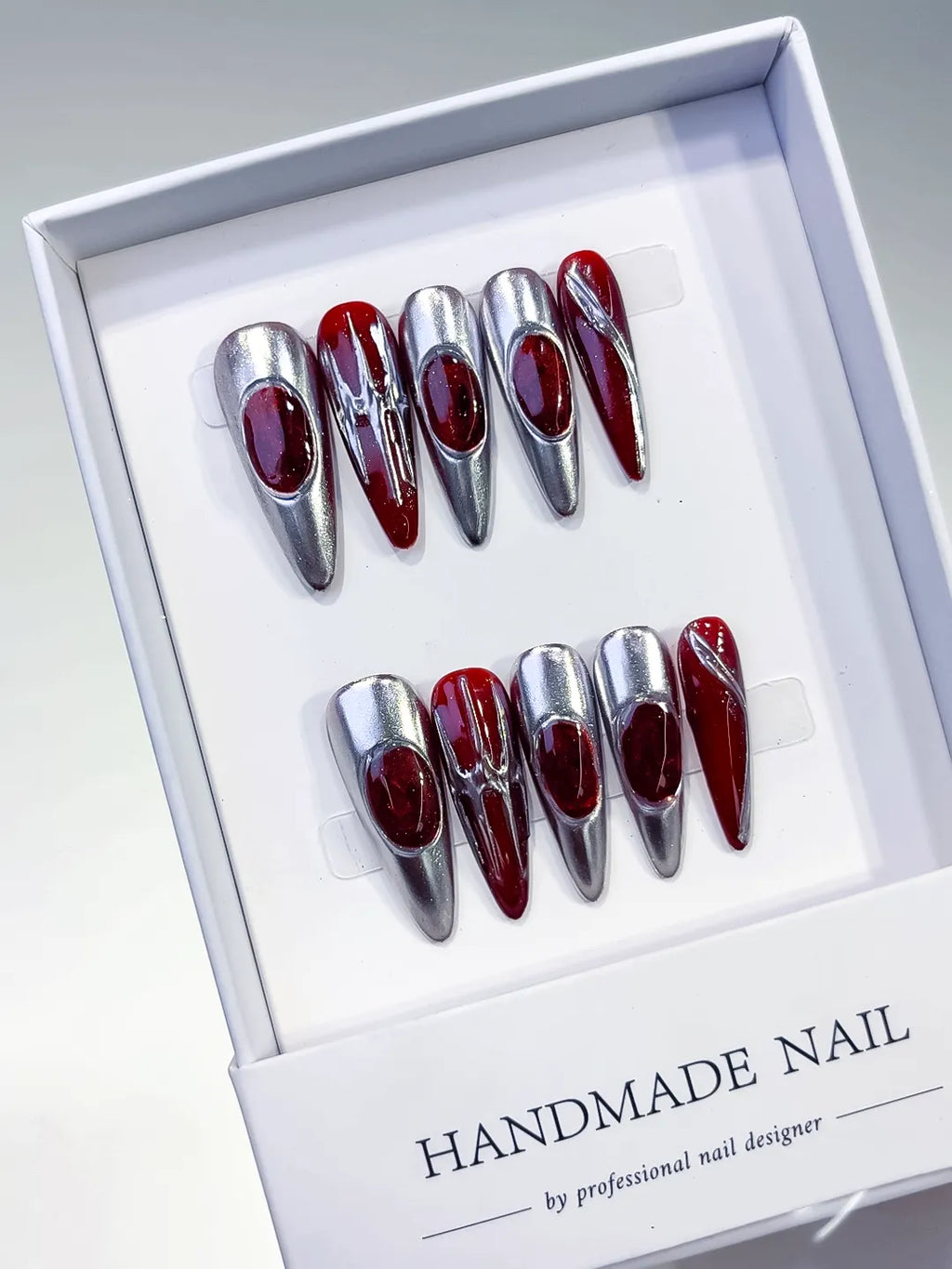 Silver Red Metallic press on nails angled view