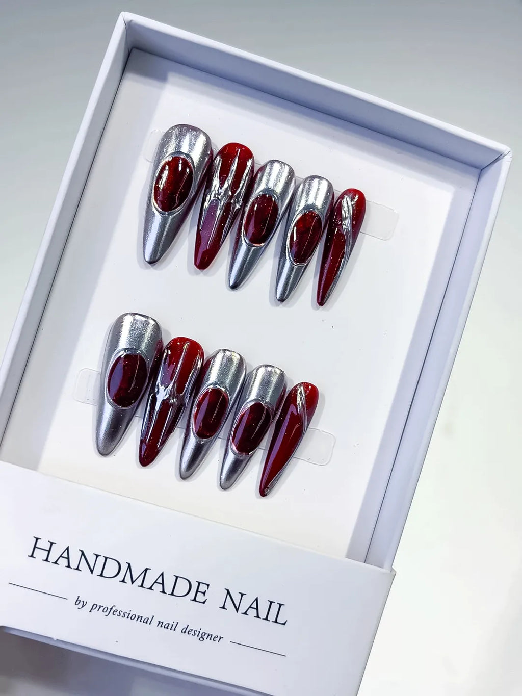 Silver Red Metallic press on nails