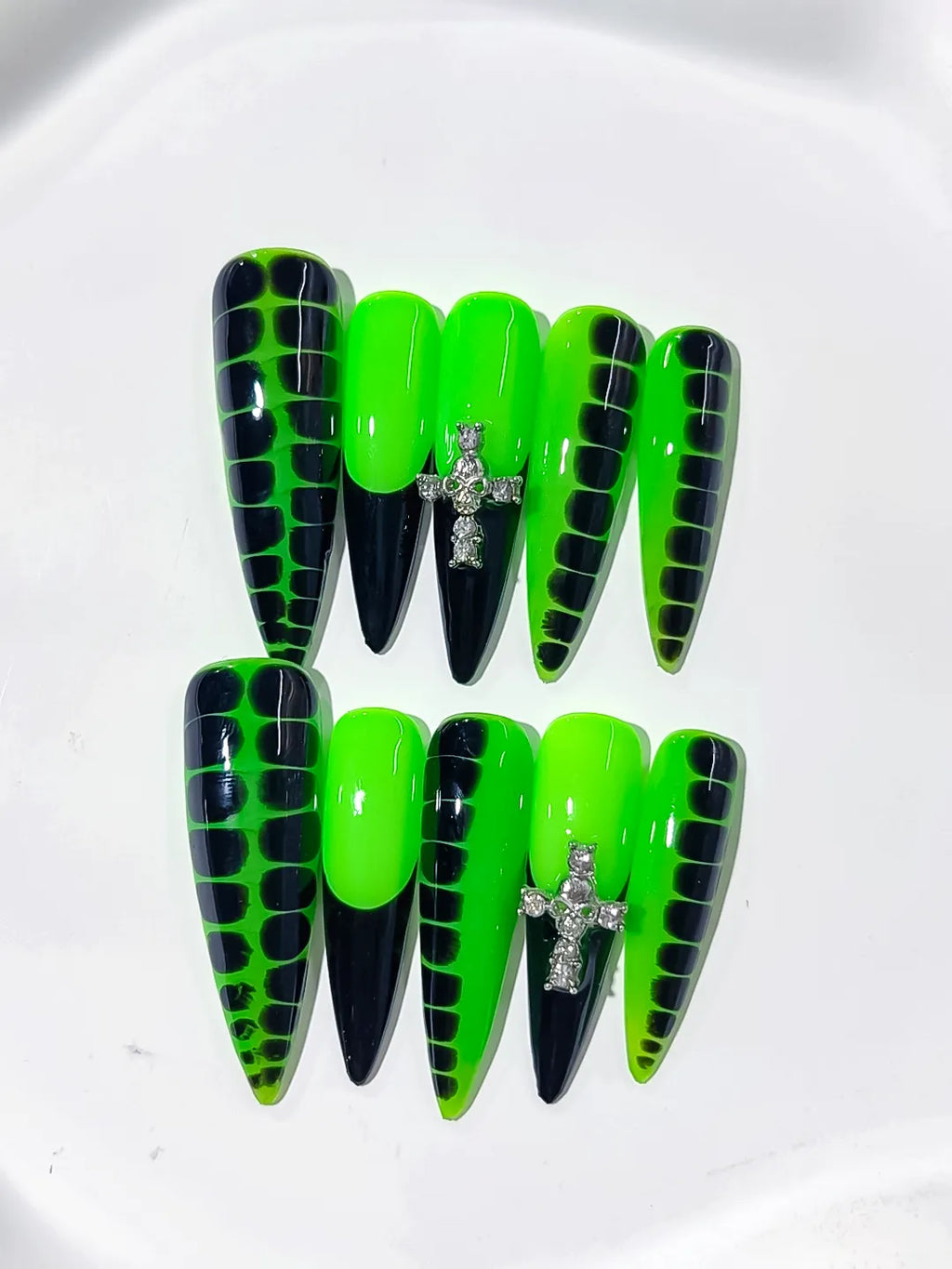 Green Black Silver Abstract Animal Print Cross Rhinestone press on nails detail view