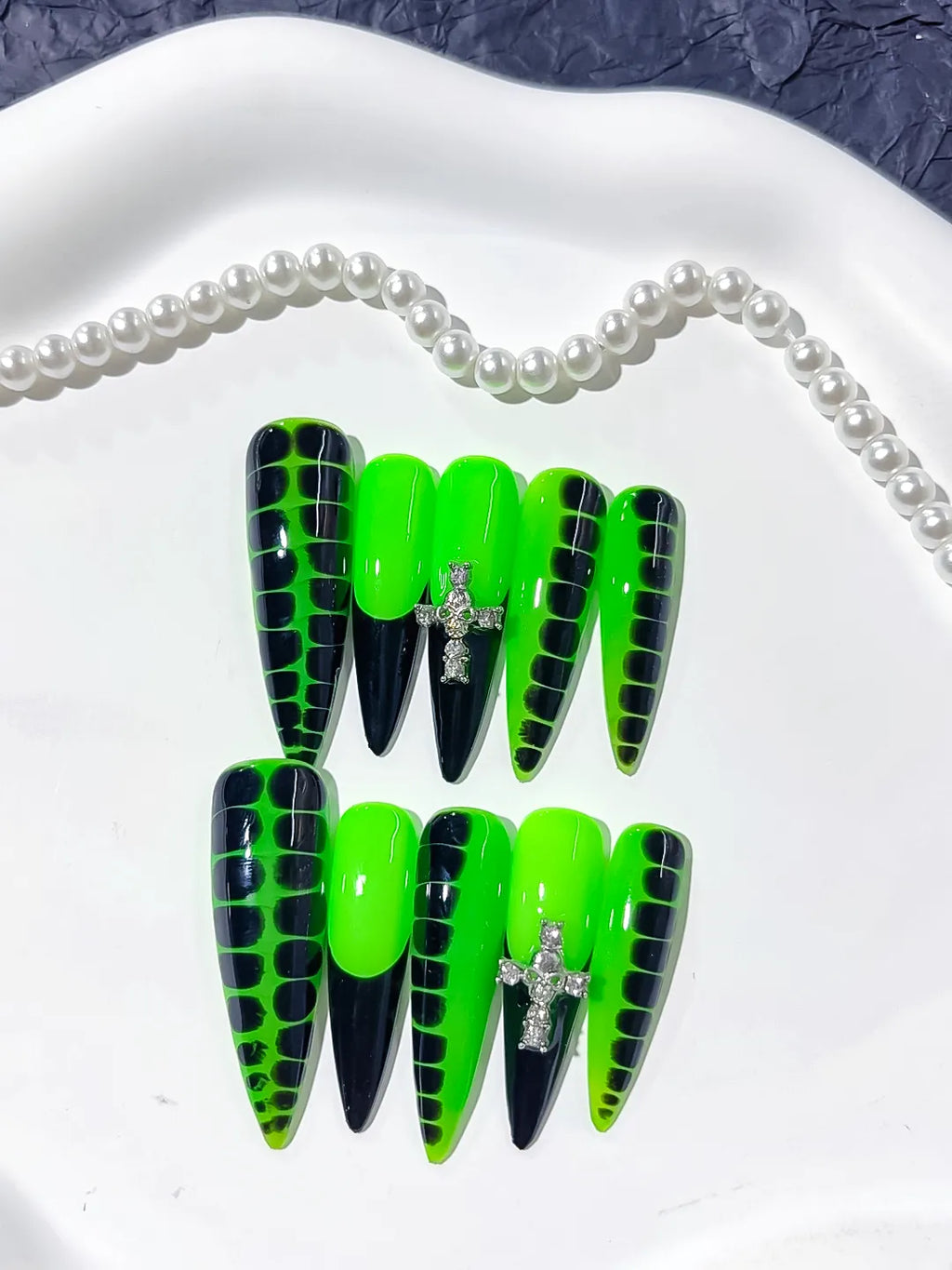 Green Black Silver Abstract Animal Print Cross Rhinestone press on nails close up