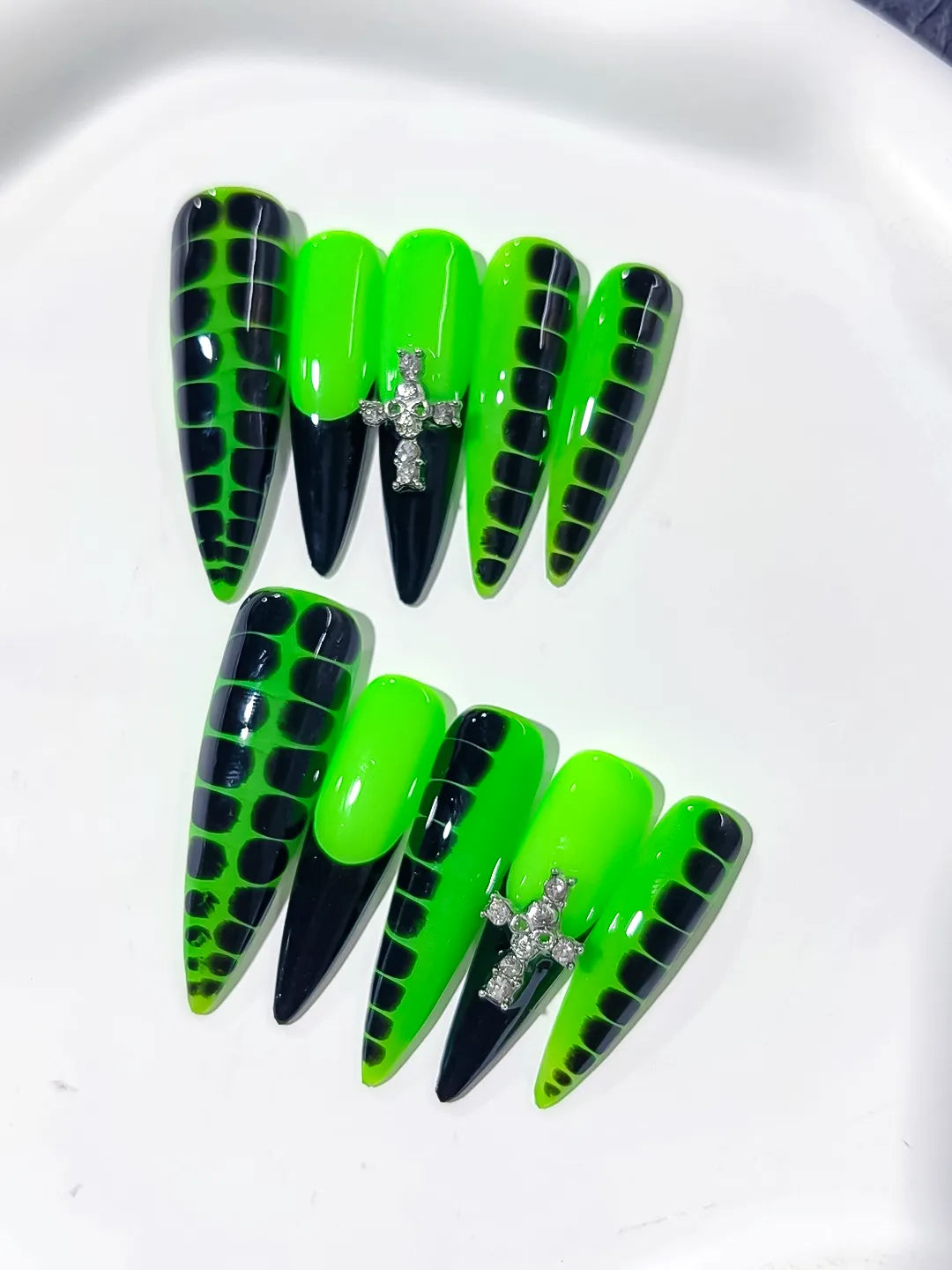 Green Black Silver Abstract Animal Print Cross Rhinestone press on nails detail view