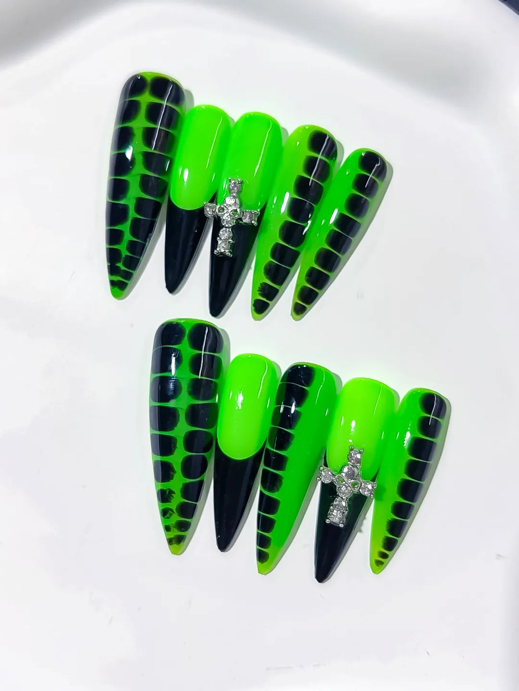 Green Black Silver Abstract Animal Print Cross Rhinestone press on nails detail view
