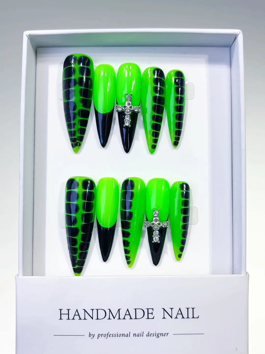 Green Black Silver Abstract Animal Print Cross Rhinestone press on nails full set view