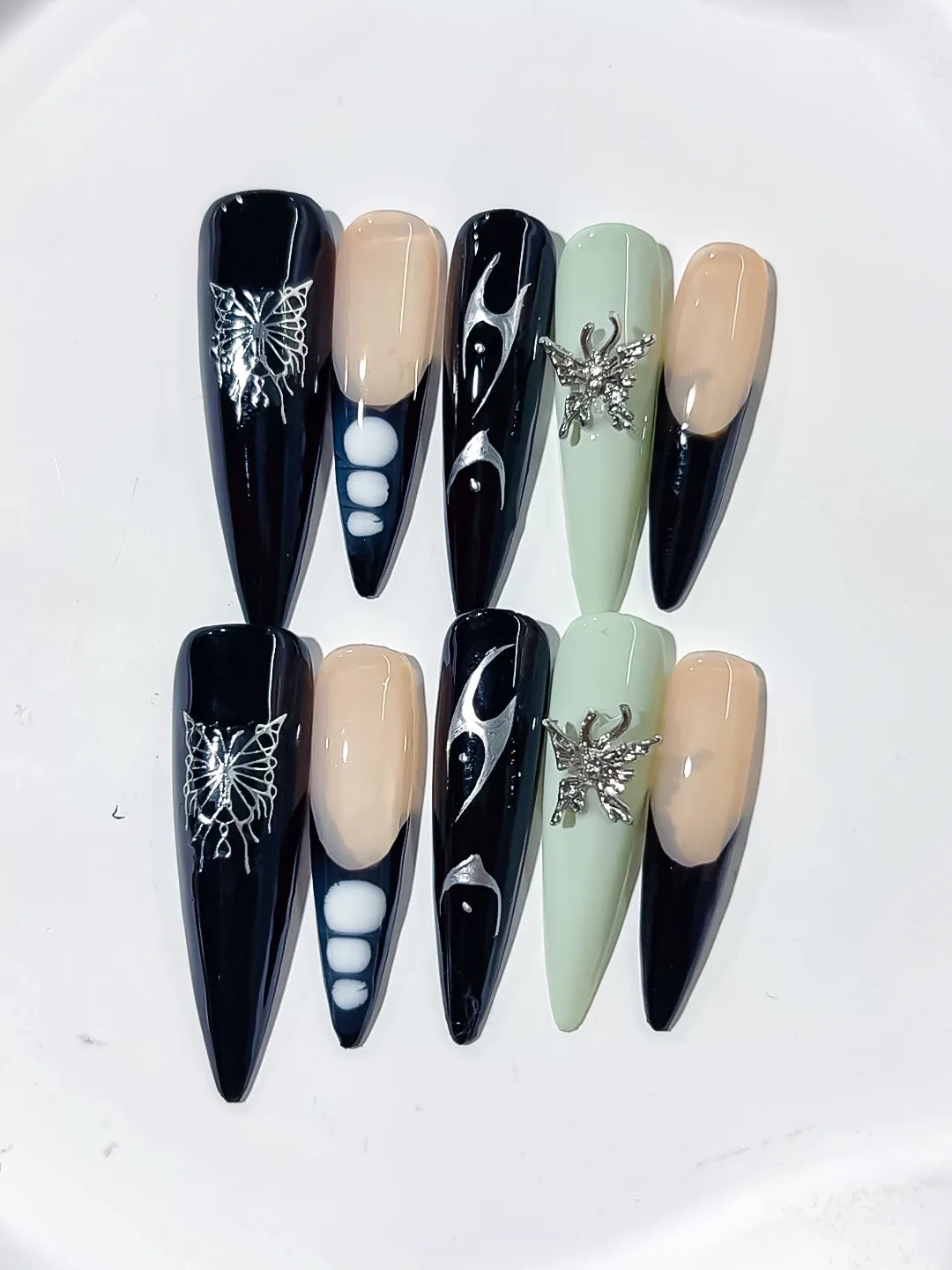 Black Nude Green White Silver Abstract Flame Butterfly Metallic Charm press on nails detail view