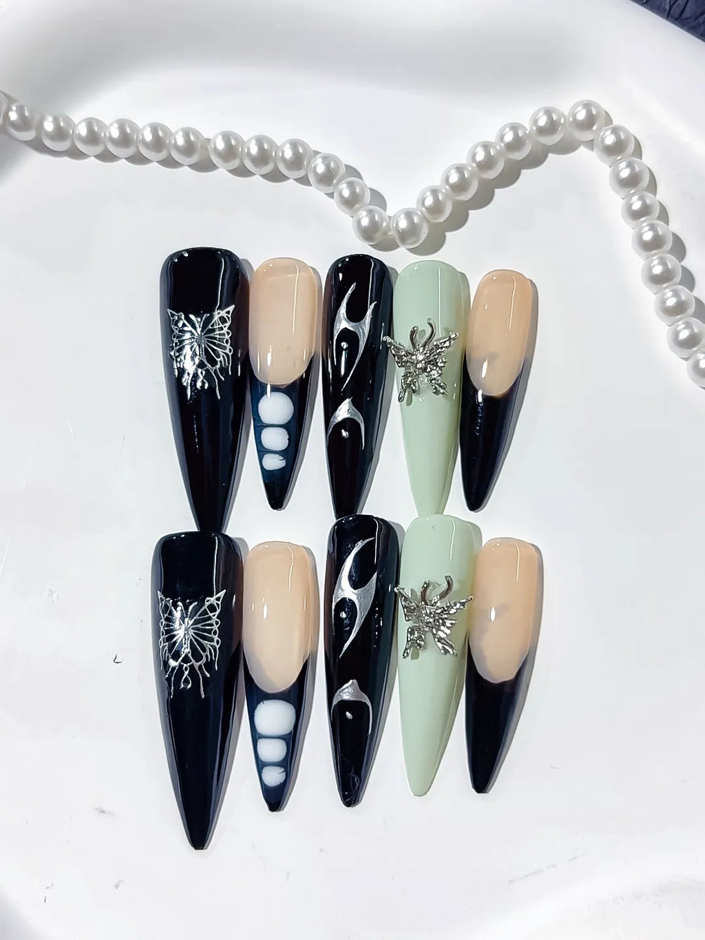 Black Nude Green White Silver Abstract Flame Butterfly Metallic Charm press on nails close up