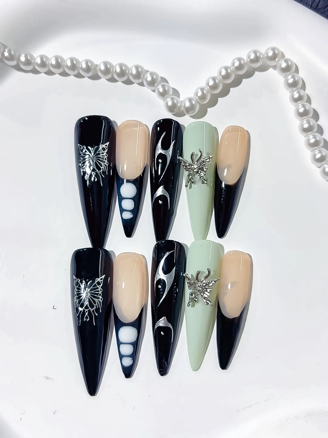Black Nude Green White Silver Abstract Flame Butterfly Metallic Charm press on nails close up