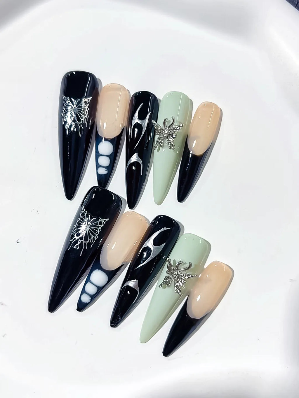 Black Nude Green White Silver Abstract Flame Butterfly Metallic Charm press on nails detail view