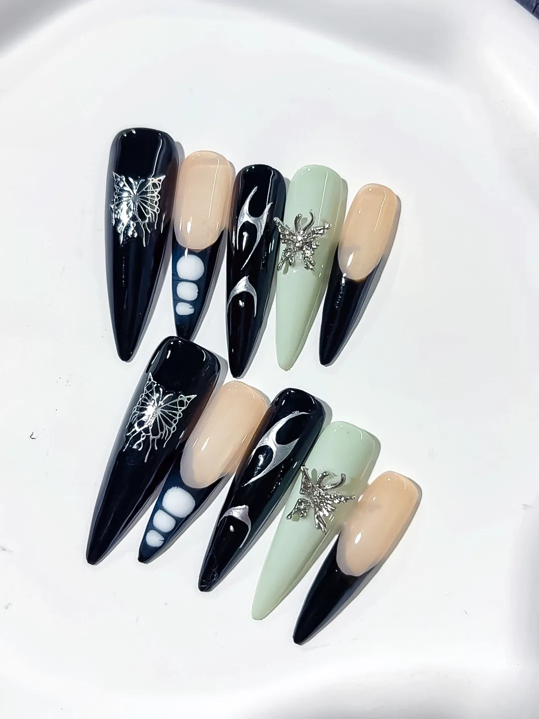 Black Nude Green White Silver Abstract Flame Butterfly Metallic Charm press on nails detail view