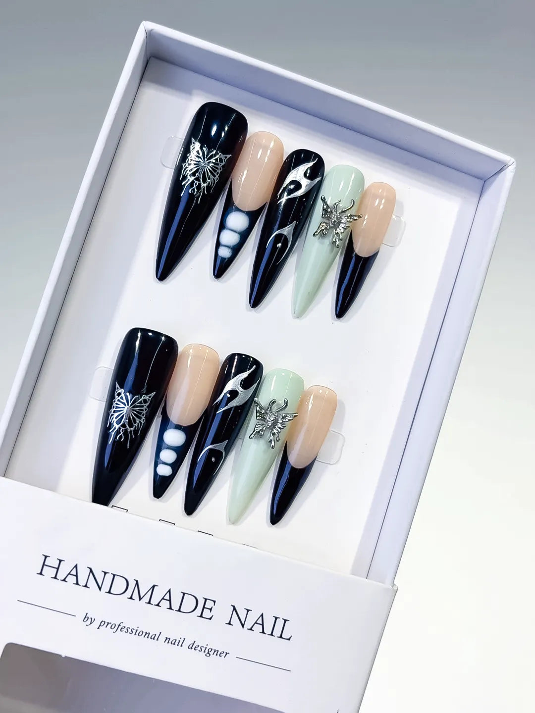 Black Nude Green White Silver Abstract Flame Butterfly Metallic Charm press on nails