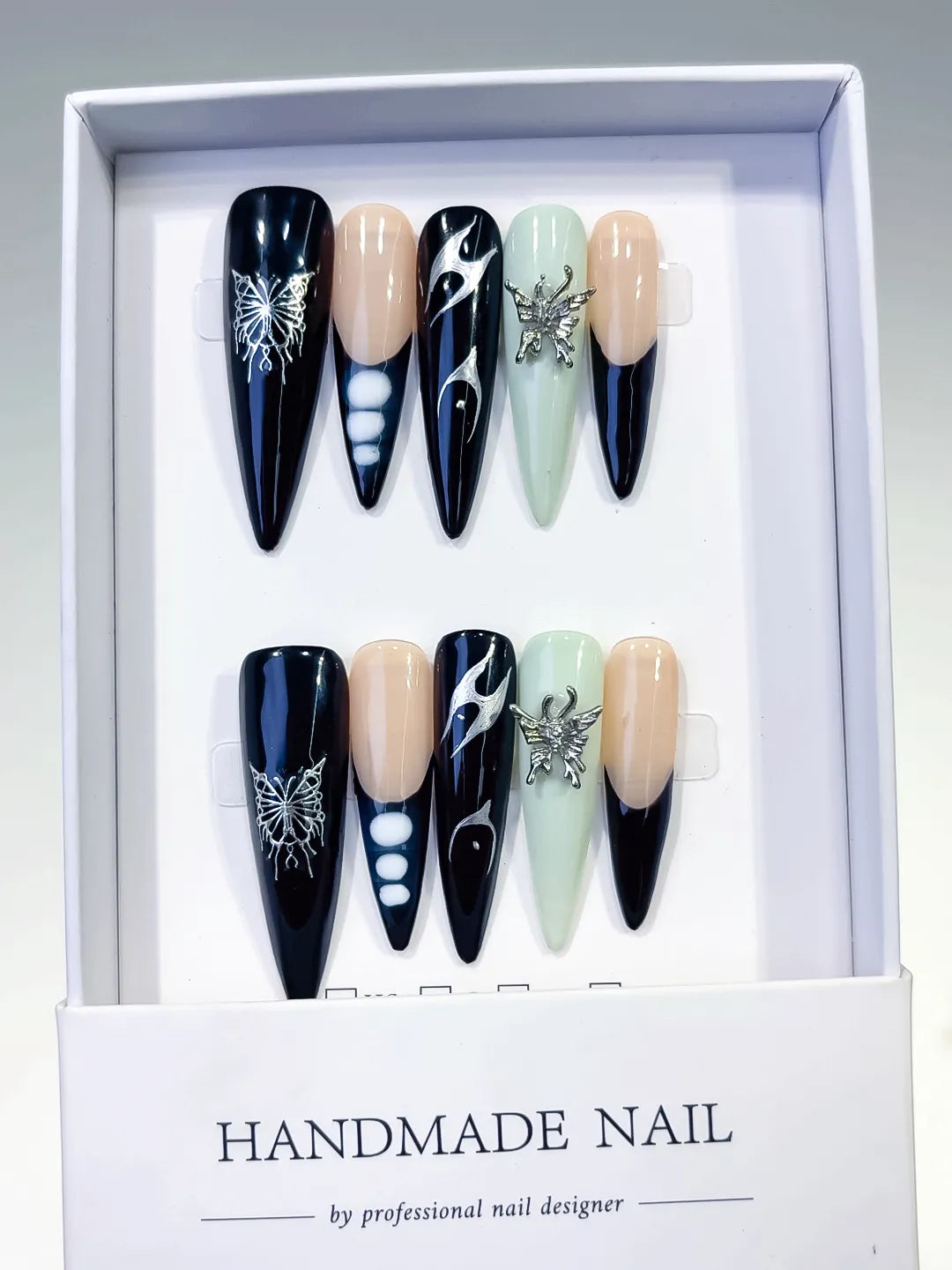 Black Nude Green White Silver Abstract Flame Butterfly Metallic Charm press on nails full set view