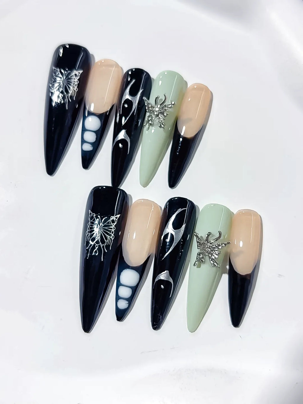 Black Nude Green White Silver Abstract Flame Butterfly Metallic Charm press on nails detail view