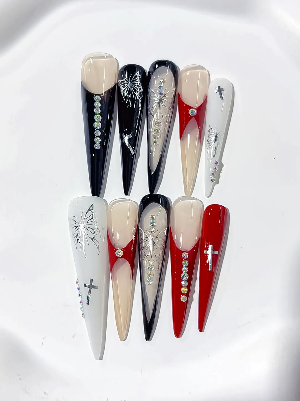 Black White Red Nude Silver Abstract Cross Butterfly Rhinestone press on nails detail view