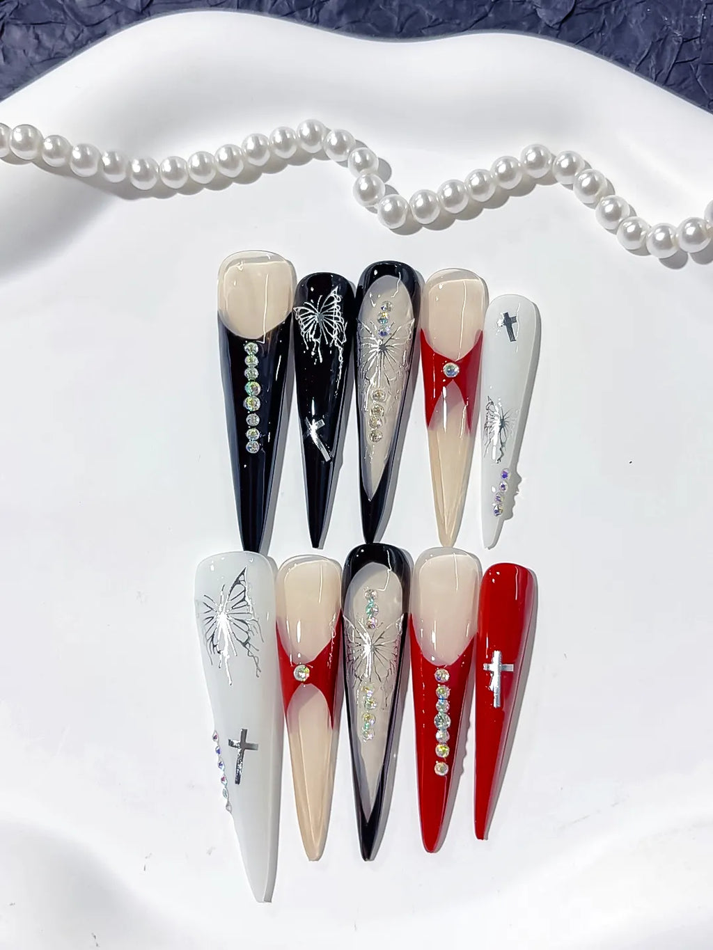 Black White Red Nude Silver Abstract Cross Butterfly Rhinestone press on nails close up