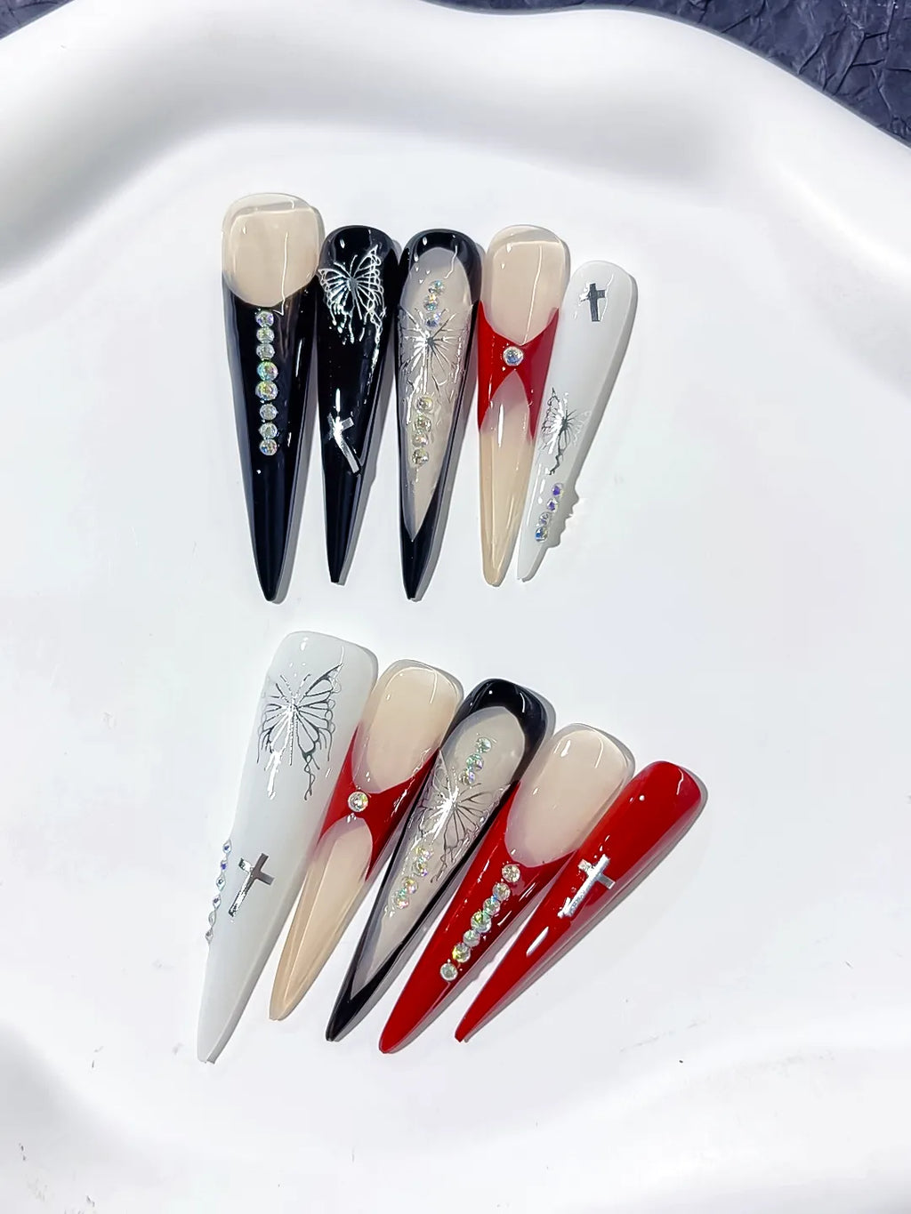 Black White Red Nude Silver Abstract Cross Butterfly Rhinestone press on nails detail view