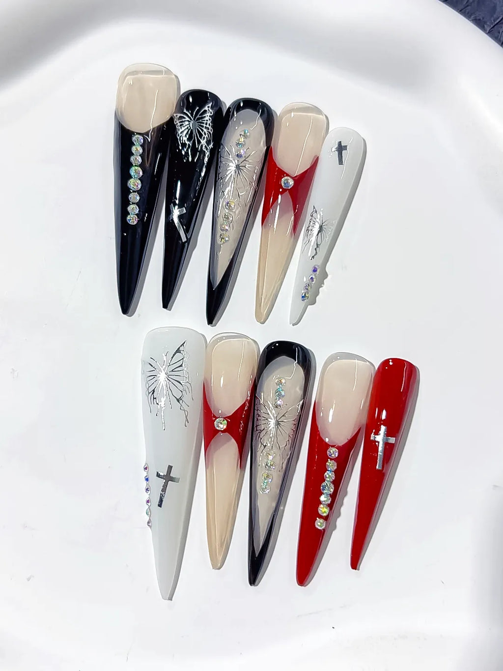 Black White Red Nude Silver Abstract Cross Butterfly Rhinestone press on nails detail view