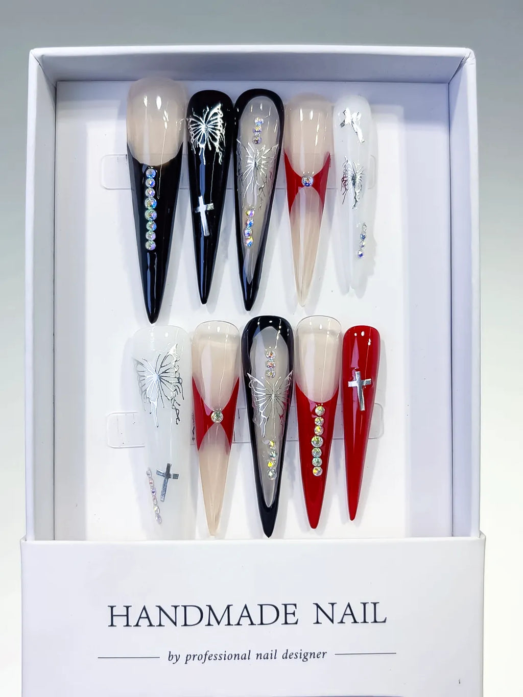 Black White Red Nude Silver Abstract Cross Butterfly Rhinestone press on nails full set view