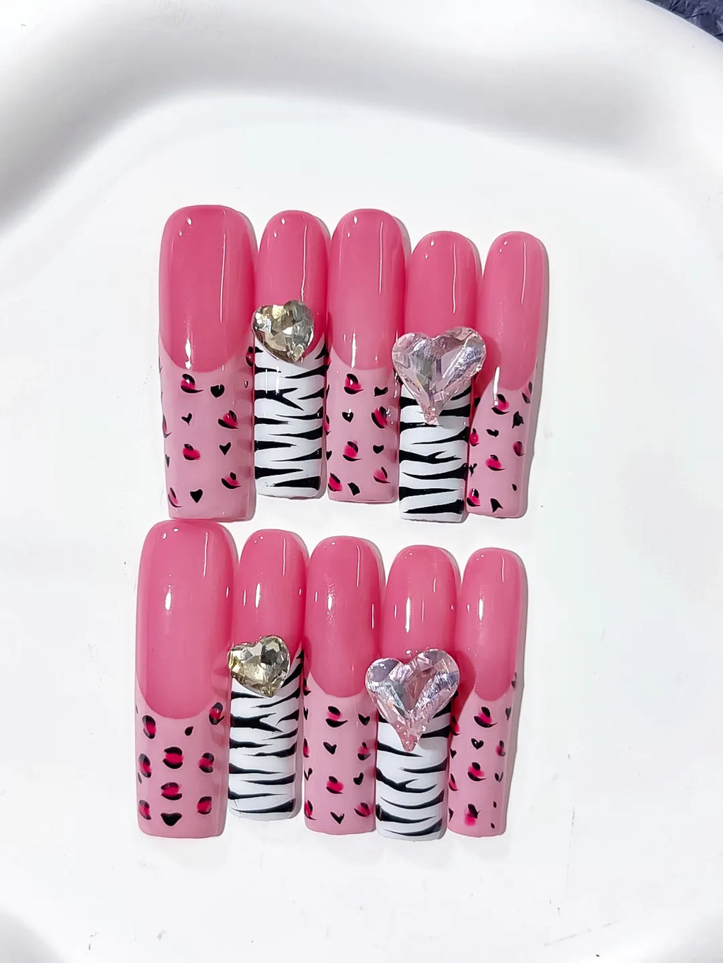 Pink White Black Silver Abstract Animal Print Heart Rhinestone press on nails detail view