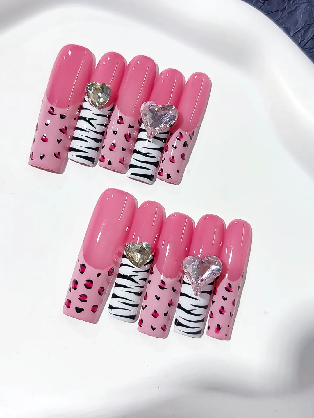 Pink White Black Silver Abstract Animal Print Heart Rhinestone press on nails close up