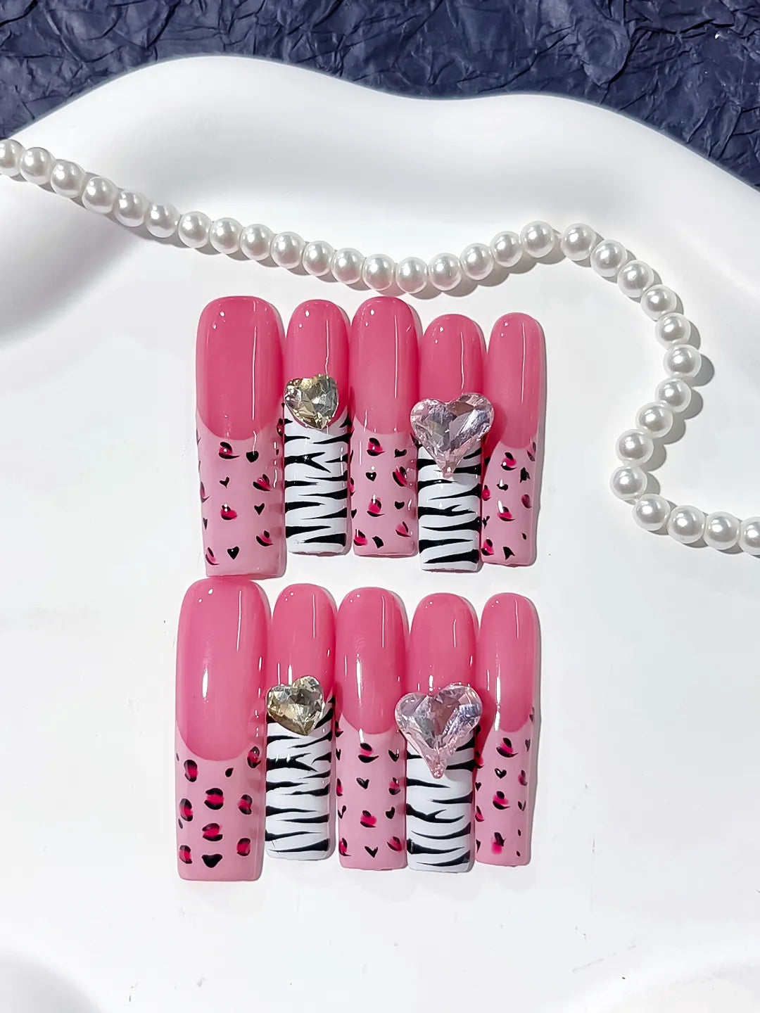 Pink White Black Silver Abstract Animal Print Heart Rhinestone press on nails detail view