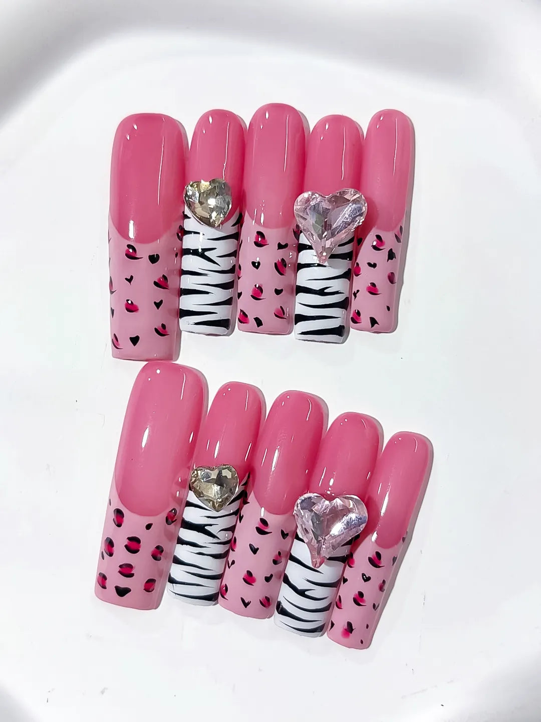 Pink White Black Silver Abstract Animal Print Heart Rhinestone press on nails detail view