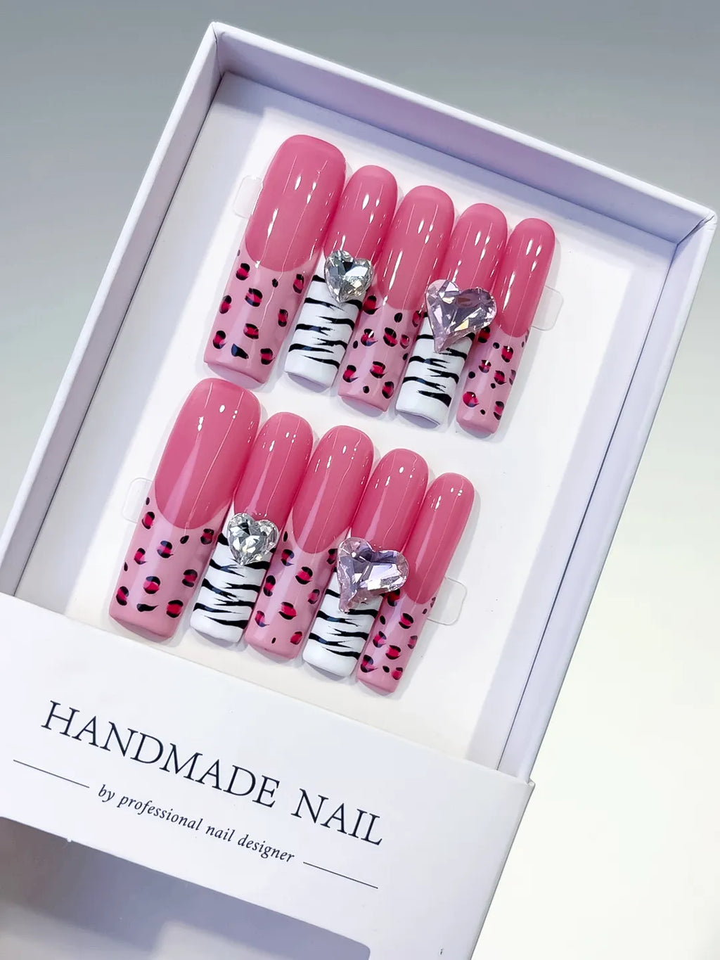 Pink White Black Silver Abstract Animal Print Heart Rhinestone press on nails