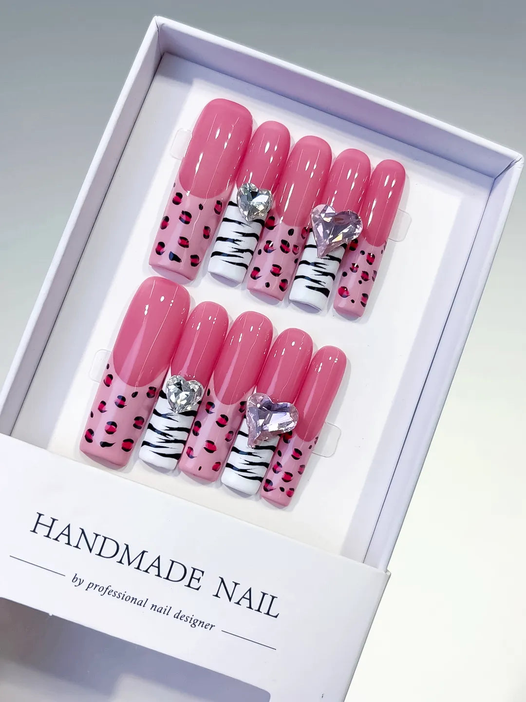 Pink White Black Silver Abstract Animal Print Heart Rhinestone press on nails