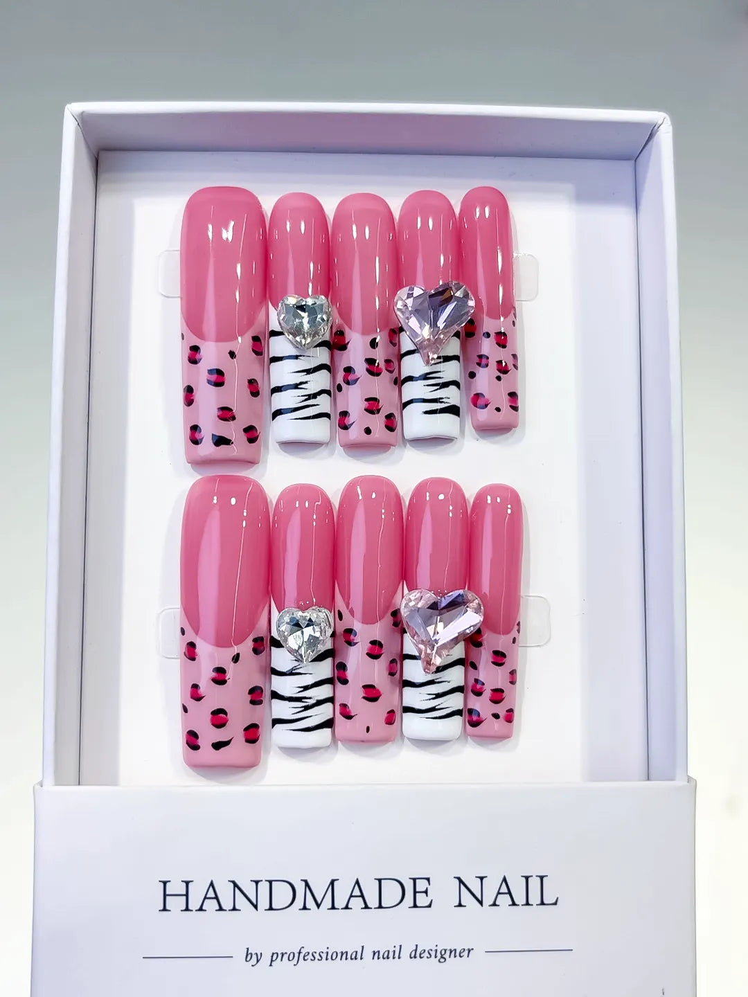 Pink White Black Silver Abstract Animal Print Heart Rhinestone press on nails full set view
