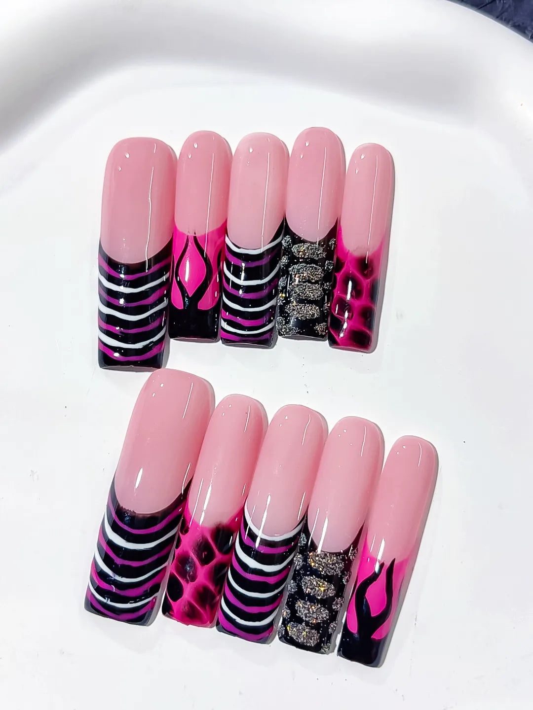 Pink Black Silver Abstract Flame Glitter press on nails close up