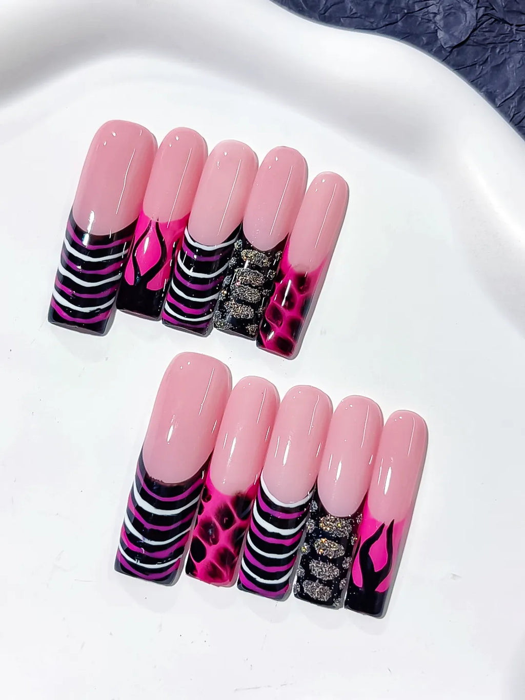 Pink Black Silver Abstract Flame Glitter press on nails detail view
