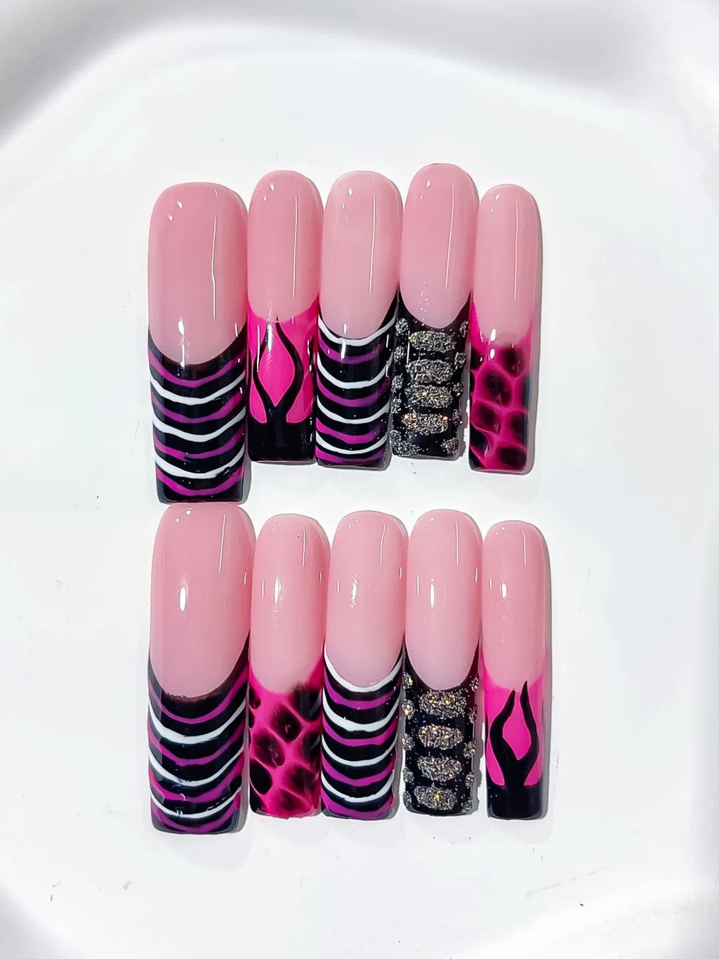 Pink Black Silver Abstract Flame Glitter press on nails detail view