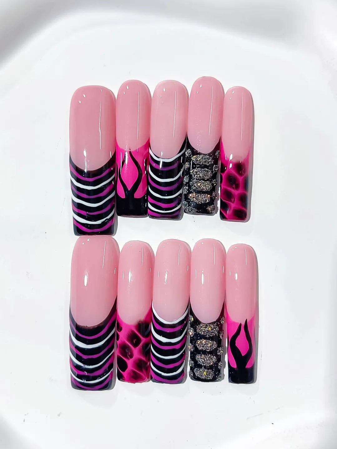 Pink Black Silver Abstract Flame Glitter press on nails detail view