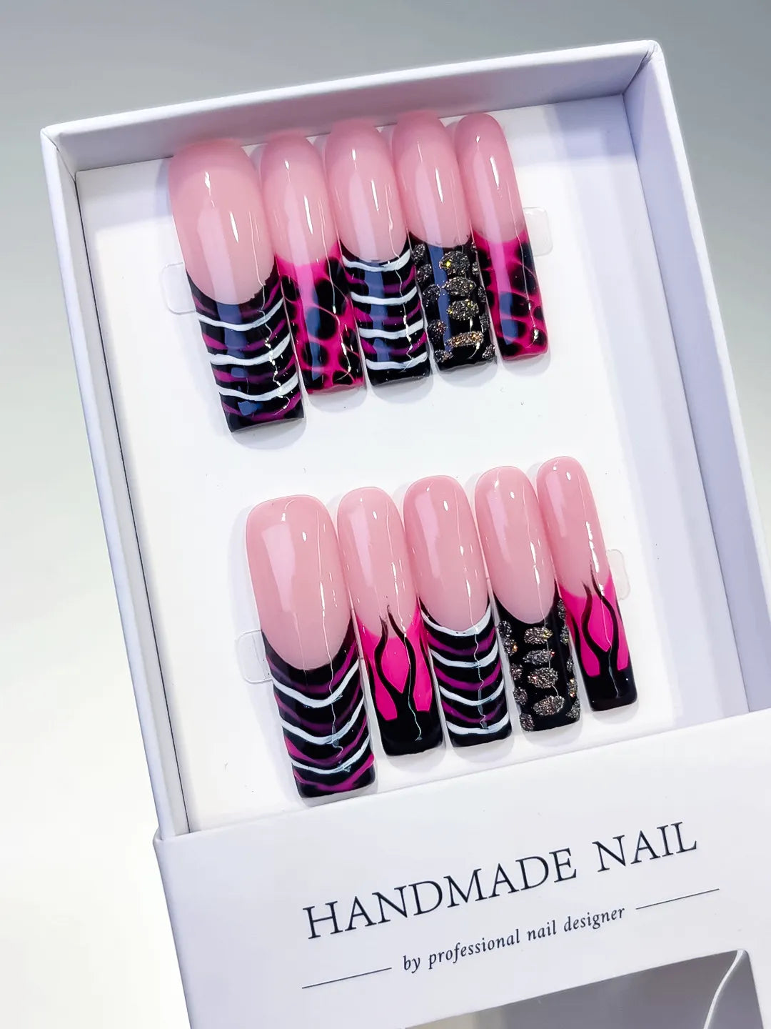 Pink Black Silver Abstract Flame Glitter press on nails angled view