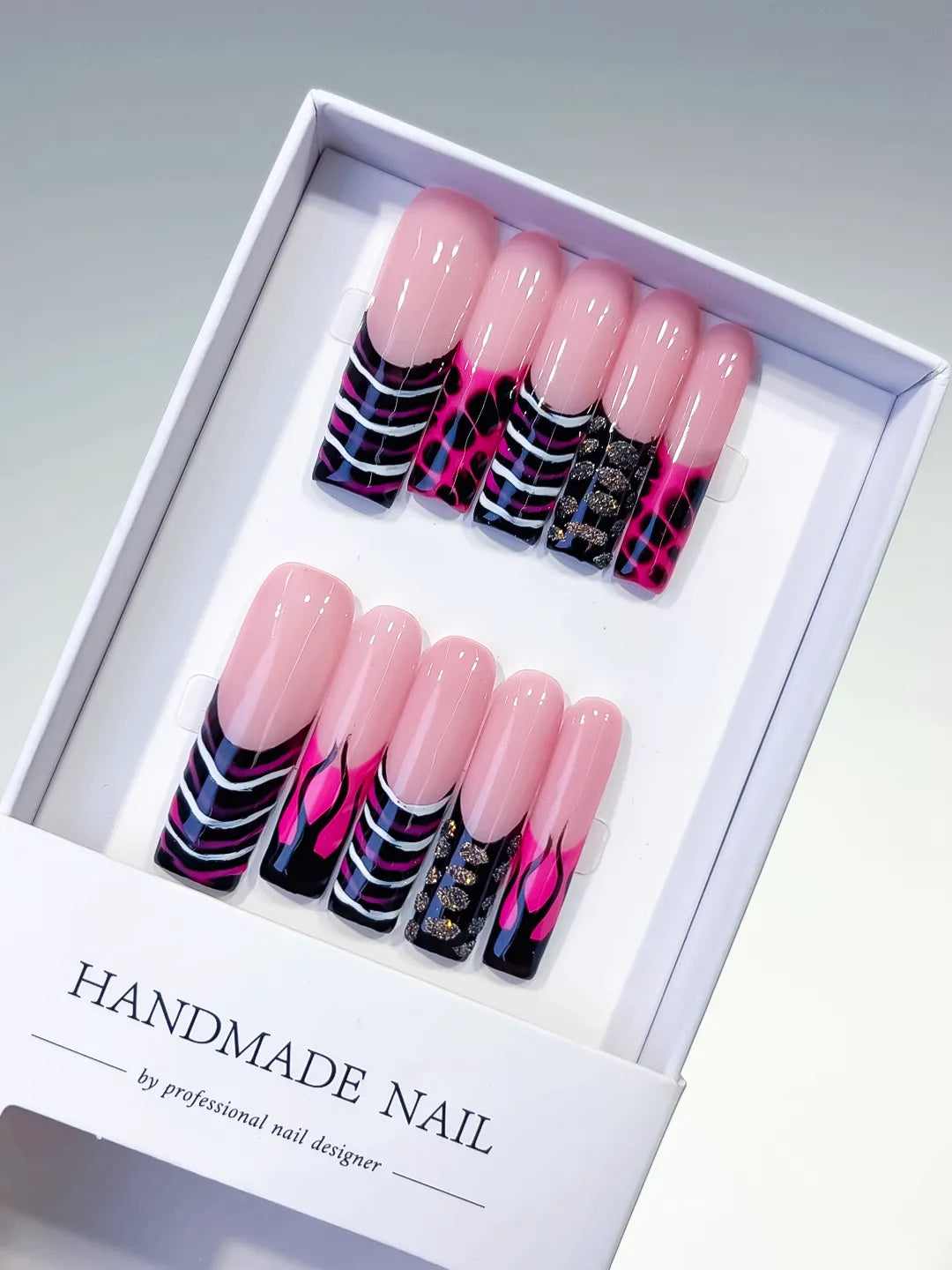 Pink Black Silver Abstract Flame Glitter press on nails
